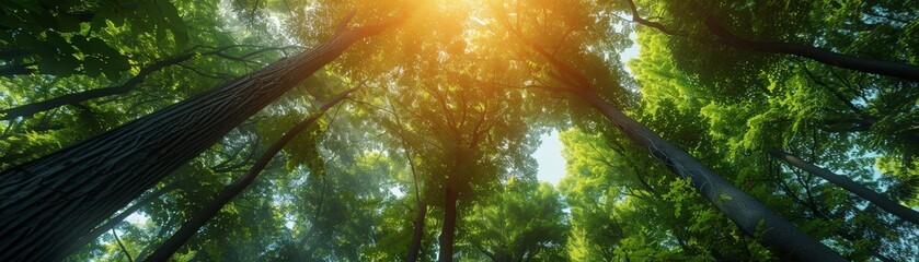 The photo shows green trees from below with the sun shining through them. The light rays make the forest look magical and full of life.