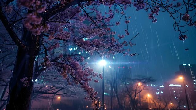 rain drops on night with cherry blossom flowers in japan. Looping animation background