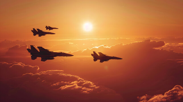 Silhouette of militar aircraft flying over the clouds in amazing sunset : Generative AI