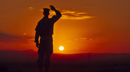 Fototapeta premium Silhouette Of A Soldier Saluting During Sunset : Generative AI