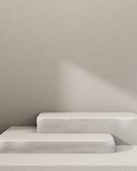 Grey rectangle pedestal or stairs for showcasing products against the grey wall with daylight shadow