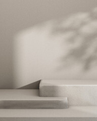 Grey rectangle pedestal or stairs for showcasing products against the grey wall with daylight shadow