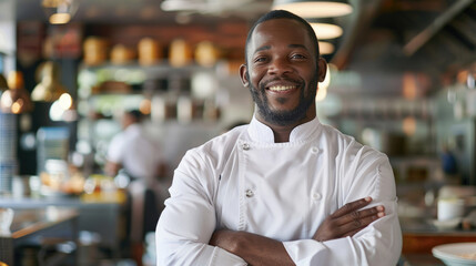 Fototapeta premium Professional African American male chef wearing chef's white shirt standing with crossed arms, smiling cheerfully in blurred busy restaurant kitchen
