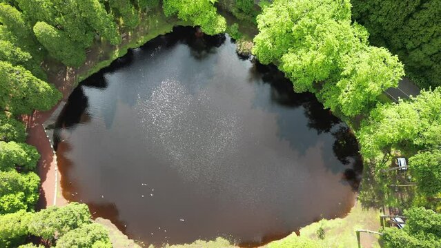 Aerial video over a lake surrounded by trees Azores Portugal