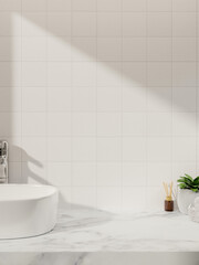 A luxurious white marble bathroom vanity countertop against the white tile wall with daylight shadow