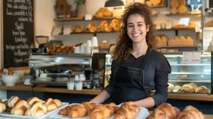 Portrait of smiling young woman entrepreneur standing at the counter of her bakery and coffee shop Local small business owner indoors Female in cafe near showcase with fresh croissants : Generative AI