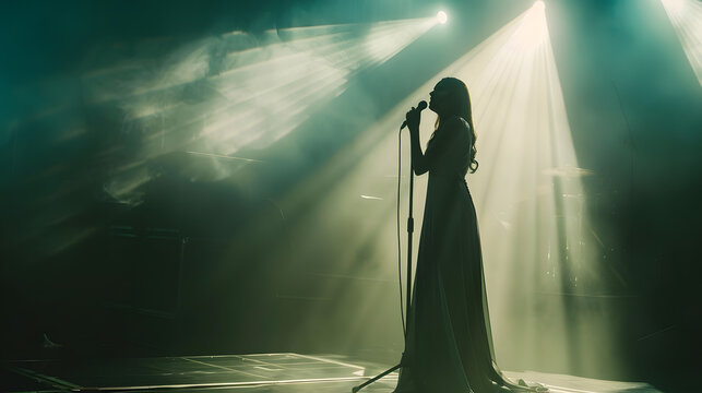 Girl in long gown performing on stage the girl singing on the stage in front of the spotlight Silhouette of singer standing on stage at microphone in night club : Generative AI