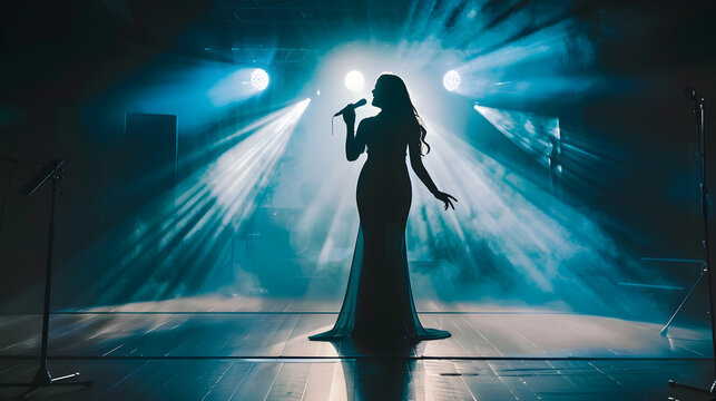 Girl in long gown performing on stage the girl singing on the stage in front of the spotlight Silhouette of singer standing on stage at microphone in night club : Generative AI