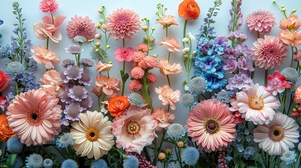 Creative layout made of various flowers. Flat lay delicate colors bouquet