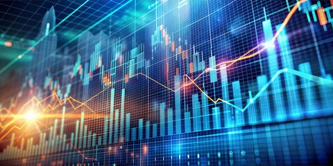 abstract, financial graph on technology, lomo, Ultra-Wide Angle, blue and orange colors, building background