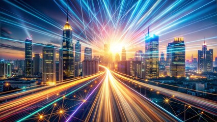 Fototapeta premium Busy city traffic flows at night under the illuminated skyscrapers 