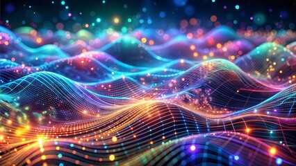 Technology background with connected dots on 3D wave landscape. Data science, particles, digital world, virtual reality, cyberspace, metaverse concept