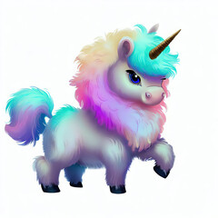 colorful unicorn, a horned horse with rainbow colors standing  isolated in a white background, made with generative ai technology