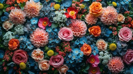 Creative layout made of various flowers. Flat lay delicate colors bouquet