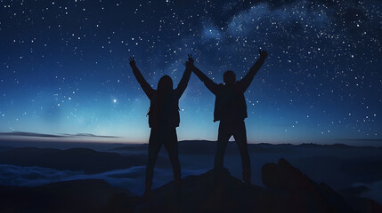 Fototapeta premium Silhouette of two young man standing open arms and watched the star milky way and night sky on top of the mountain They enjoyed traveling and was successful when he reached the summit : Generative AI