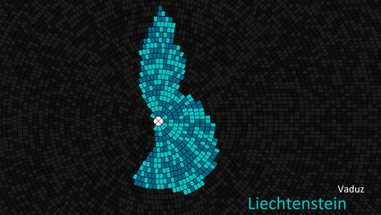 A map of Liechtenstein is presented as a mosaic with a dark background, and the country's borders are outlined in the shape of a colorful mosaic, centered around the capital city.