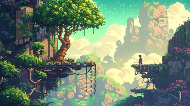 The image is a pixel art landscape. It shows a large tree in the center, with a person standing on a platform to the right of it.