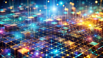 Technology background with connected dots on 3D wave landscape. Data science, particles, digital world, virtual reality, cyberspace, metaverse concept