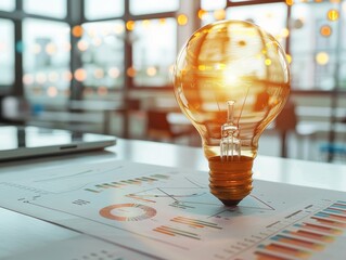 Light bulbon the desk with financial graph paper in the background.Concept of having a bright idea for a business or investment.
