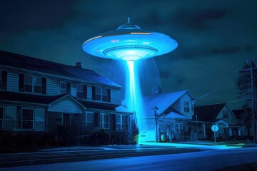 Photo of an alien ship hovering over the houses in an American town at night, with a glowing light...