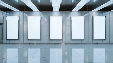 Five empty vertical posters mockups glowing with a LED neon light in an airport terminal a group of blank banners templates in a corridor of a shopping mall mockups of 5 indoor billboa : Generative AI