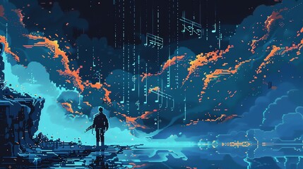 The image is a pixelated landscape with a man standing in the foreground. The background is filled with colorful clouds and falling musical notes.