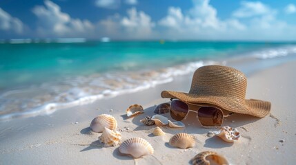 Tasteful beach arrangement of seashells, a stylish hat, and sunglasses, reflecting a perfect blend of nature and fashion