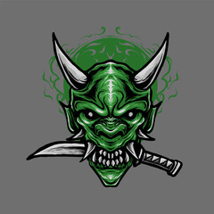 Japanese traditional green devil mask with knife vector illustration