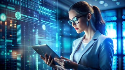 Smiling businesswoman wearing glasses types on a laptop at her office desk