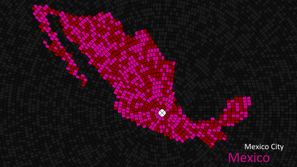 A map of Mexico is presented as a mosaic with a dark background, and the country's borders are outlined in the shape of a colorful mosaic, centered around the capital city.