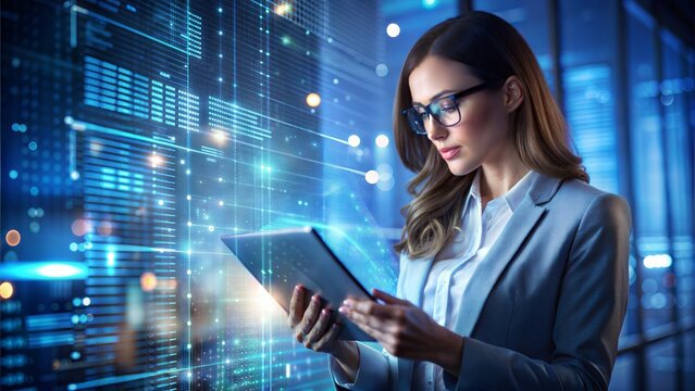 Smiling businesswoman wearing glasses types on a laptop at her office desk - Powered by Adobe