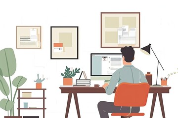 A professional is video conferencing on a computer in a clean and organized study corner. Simple and minimalist flat Vector Illustration
