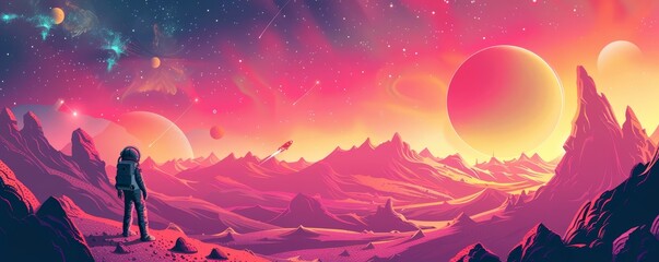 Fototapeta premium An astronaut on a distant planet looks out at a beautiful landscape.