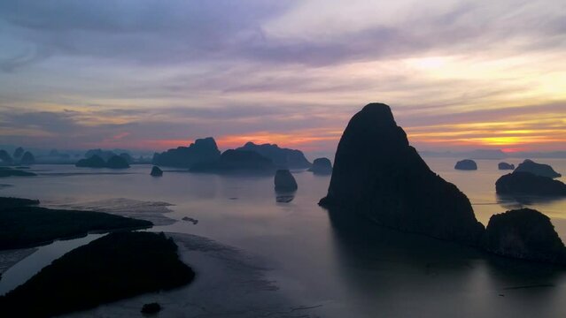 Red clouds, sun, sky, The beautiful cloud stream with a sunset, Aerial view at smed nang she pangnga thailand.