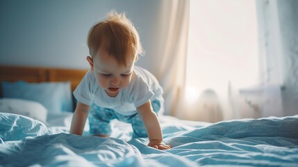 Small little caucasian baby newborn infant making first steps cute toddler kid child girl son boy daughter learning walking creeping on the bed Childcare and childhood concept : Generative AI