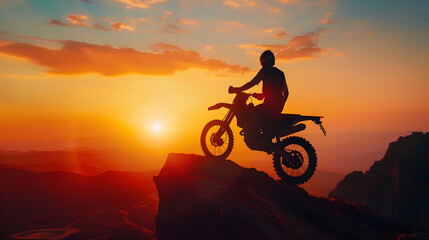 Man with motocross bike against beautiful lights silhouette of a man with  motocross motorcycle On top of rock high mountain at beautiful sunset enduro motorcycle travel concept : Generative AI