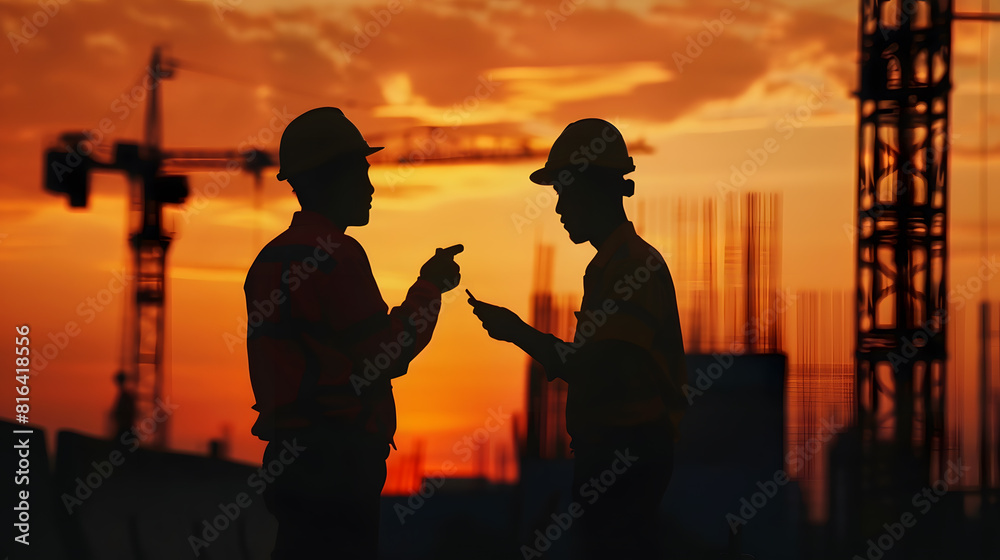 Poster Silhouette of Engineer and worker checking project at heavy infrastructure building site background construction site at sunset in evening time : Generative AI