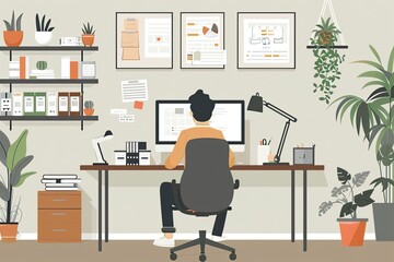 A project manager is organizing tasks at a workstation in a serene and efficient home office setup. Simple and minimalist flat Vector Illustration