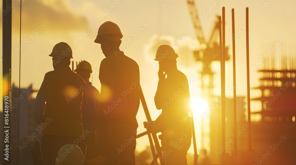 Poster silhouette of engineer and construction team working at site over blurred background sunset pastel f