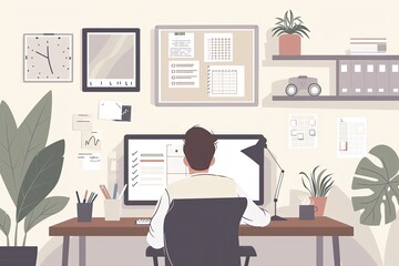 Fototapeta premium A project manager is organizing tasks at a workstation in a serene and efficient home office setup. Simple and minimalist flat Vector Illustration
