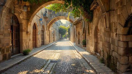 Ancient stone arch in the ancient wall of the minaret Burgos Cathedral, Burgos City, Spain Horizontal view on the narrow alley in Kotor between stone buildings, Generative  Ai