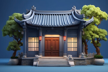 A blue and white building with a red roof