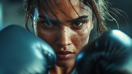 A female boxer with blue gloves is staring at the camera with an intense expression. She is ready to fight.