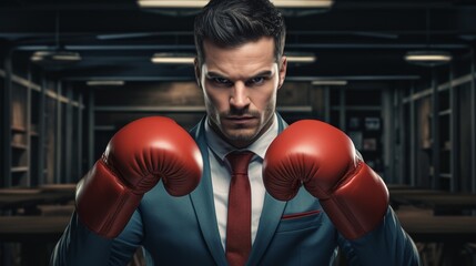 A man in a suit and boxing gloves is ready to fight. He is standing in a dark room with a determined look on his face. The image is full of tension and excitement.