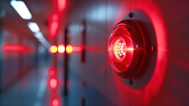 Close up of red fire alarm detector, strobe light hanging on the iron wall.
