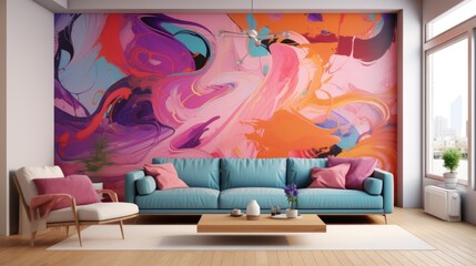 Abstract painting on the wall in bright colors. The blue sofa complements the interior of the room.