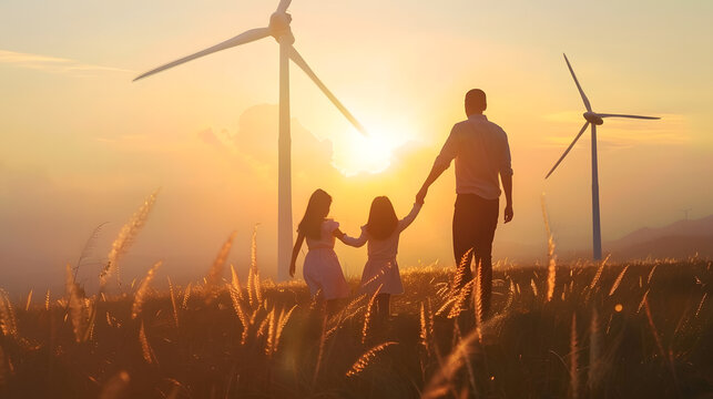 Silhouettes of Happy family father mother and child daughter for hand and looking on windmill field at sunrise windmills for electricity generation at sunrise by producing sustainable  : Generative AI