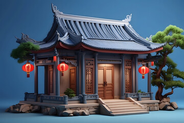 Obraz premium A blue and white building with a red roof