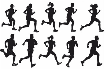 Collection of running men and women on white background, silhouettes, vector