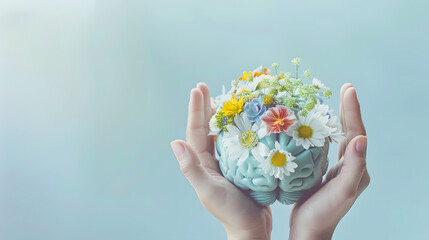 Hands holding paper head human brain with flowers self care and mental health concept positive thinking : Generative AI